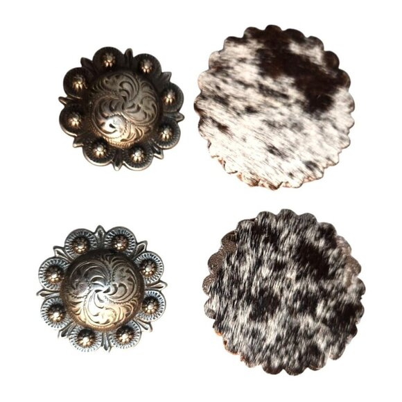 Set Of 4 Western Style Silver Toned Floral & Cowhide Conchos - Picture 1 of 10